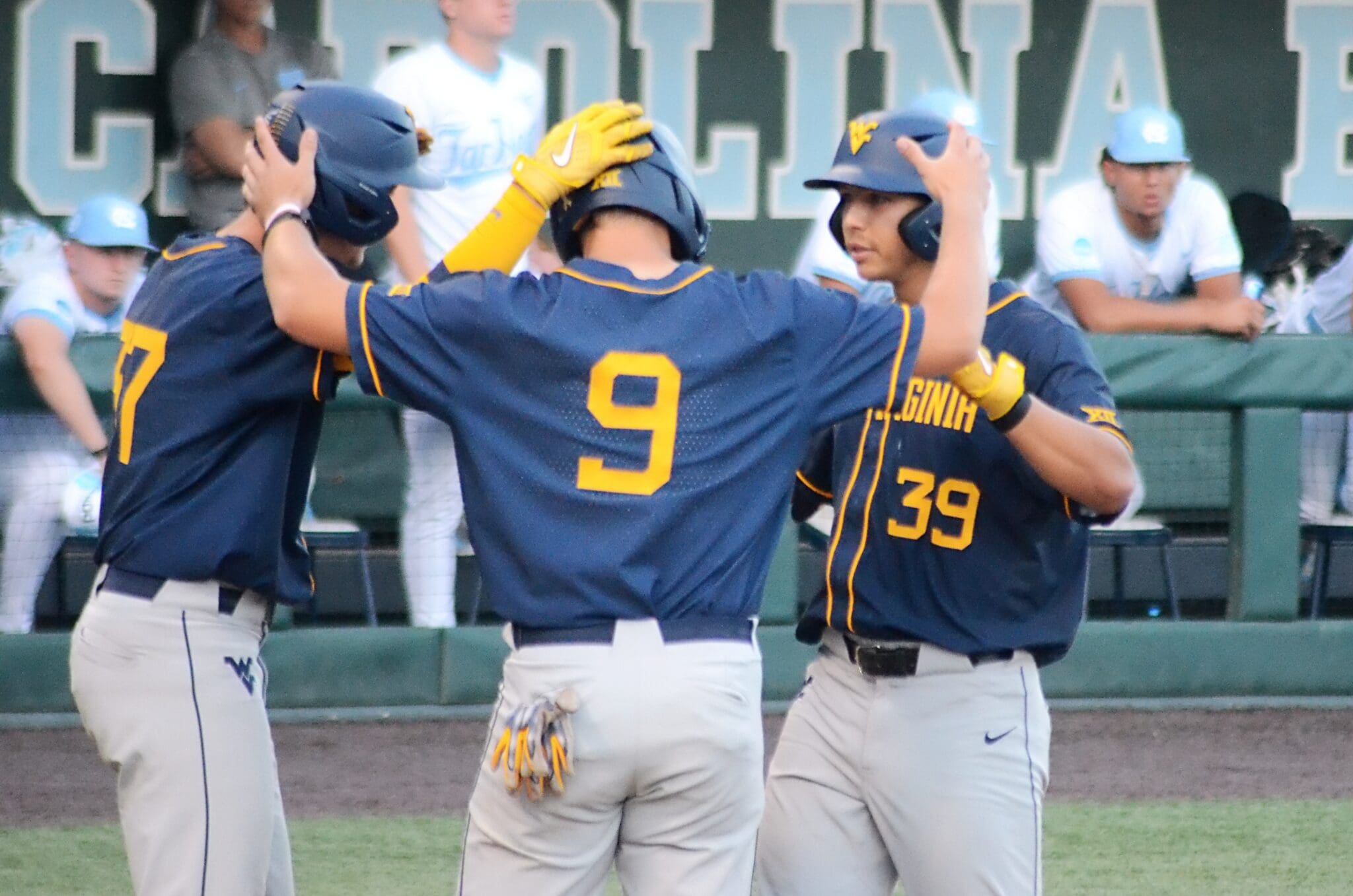 WVU Baseball INF Kyle West (39) celebrates his homer against UNC on June 7, 2024 at Boshamer Stadium in Chapel Hill, N.C. in the NCAA Tournament Super Regionals. (Mitchell Northam / WV Sports Now)