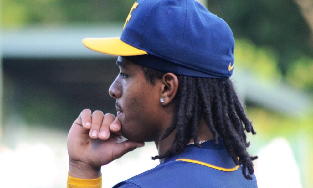 WVU Baseball Armani Guzman looks on as WVU played against North Carolina on June 8, 2024, in the Super Regionals of the NCAA Tournament at Boshamer Stadium in Chapel Hill, N.C. (Mitchell Northam / WV Sports Now)