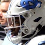 UNC running back Jordan Louie walks into the locker room before the Duke's Mayo Bowl on Dec. 27, 2023 at Bank of America Stadium in Charlotte, N.C. (Mitchell Northam / WV Sports Now)