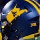 A WVU Football helmet rests on the sidelines at the Duke's Mayo Bowl on Dec. 27, 2023 at Bank of America Stadium in Charlotte, N.C. (Mitchell Northam / WV Sports Now)