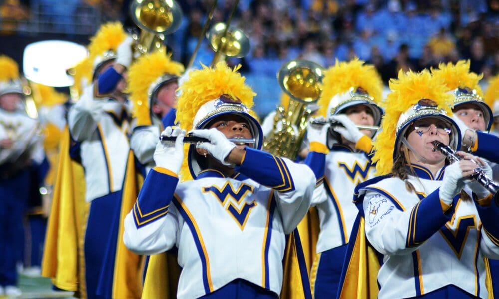 WVU band performs before the Duke's Mayo Bowl on Dec. 27, 2023 at Bank of America Stadium in Charlotte, N.C. (Mitchell Northam / WV Sports Now)