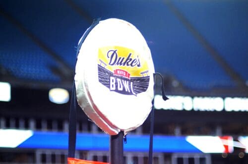 The down marker carries the logo of the Duke's Mayo Bowl on Dec. 27, 2023 at Bank of America Stadium in Charlotte, N.C. (Mitchell Northam / WV Sports Now)