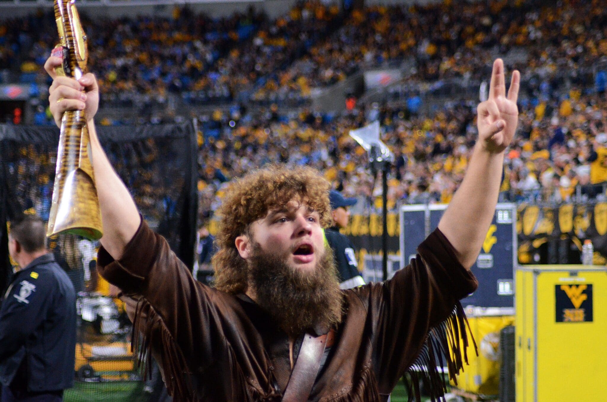 WVU Mountaineer mascot fires up the crowd at the Duke's Mayo Bowl on Dec. 27, 2023 at Bank of America Stadium in Charlotte, N.C. (Mitchell Northam / WV Sports Now)