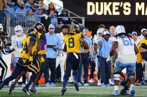 WVU Football linebacker Tyrin Bradley picks off UNC in the third quarter at the Duke's Mayo Bowl on Dec. 27, 2023 at Bank of America Stadium in Charlotte, N.C. (Mitchell Northam / WV Sports Now)