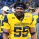 WVU Football DL Davoan Hawkins gets hype on the sidelines at the Duke's Mayo Bowl on Dec. 27, 2023, at Bank of America Stadium in Charlotte, N.C. (Mitchell Northam / WV Sports Now)