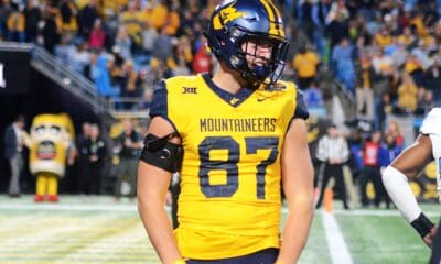 WVU Football tight end Kole Taylor flexes after a big gain against UNC in the Duke's Mayo Bowl at Bank of America Stadium in Charlotte, N.C. on Dec. 27, 2023. (Mitchell Northam / WV Sports Now)