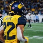 WVU running back Jahiem White celebrates his touchdown against UNC in the Duke's Mayo Bowl at Bank of America Stadium in Charlotte, N.C. on Dec. 27, 2023. (Mitchell Northam / WV Sports Now)