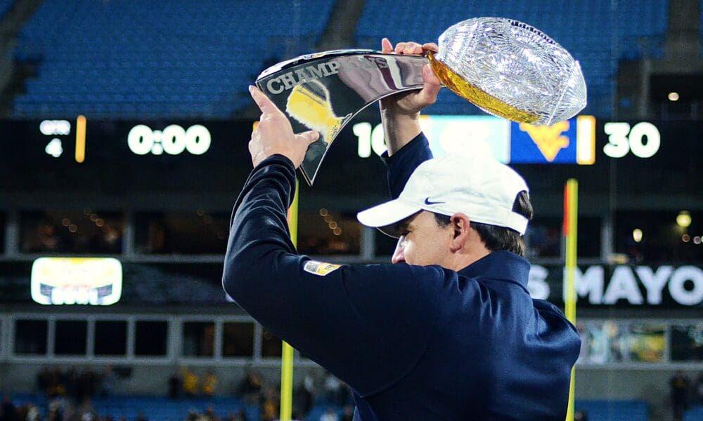 WVU head coach Neal Brown after beating UNC in the Duke's Mayo Bowl at Bank of America Stadium in Charlotte, N.C. on Dec. 27, 2023. (Mitchell Northam / WV Sports Now)