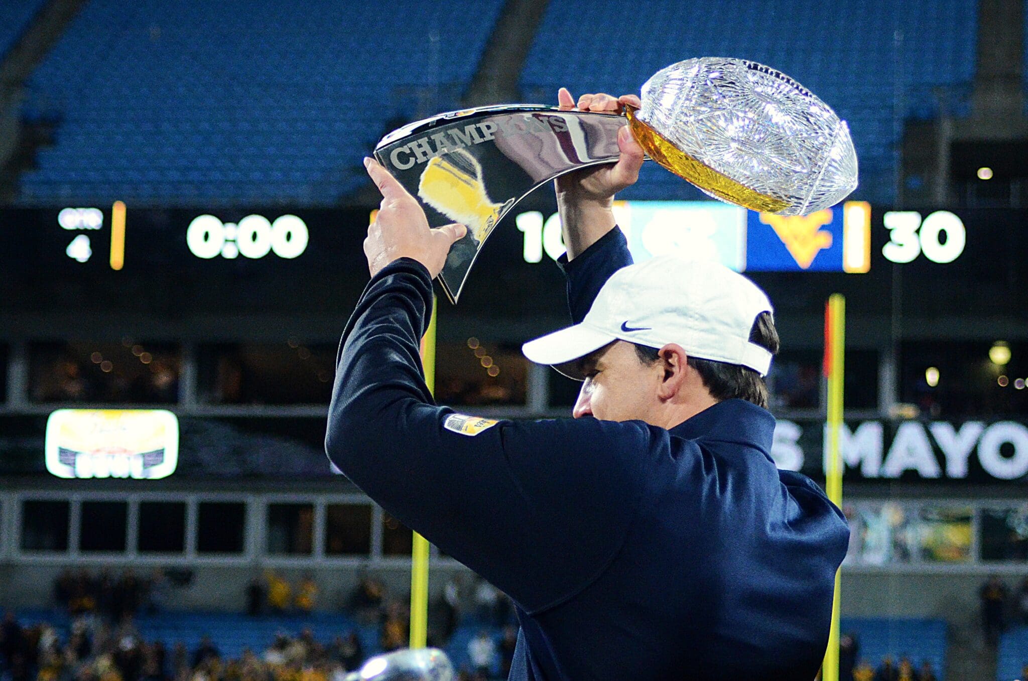 WVU head coach Neal Brown after beating UNC in the Duke's Mayo Bowl at Bank of America Stadium in Charlotte, N.C. on Dec. 27, 2023. (Mitchell Northam / WV Sports Now)