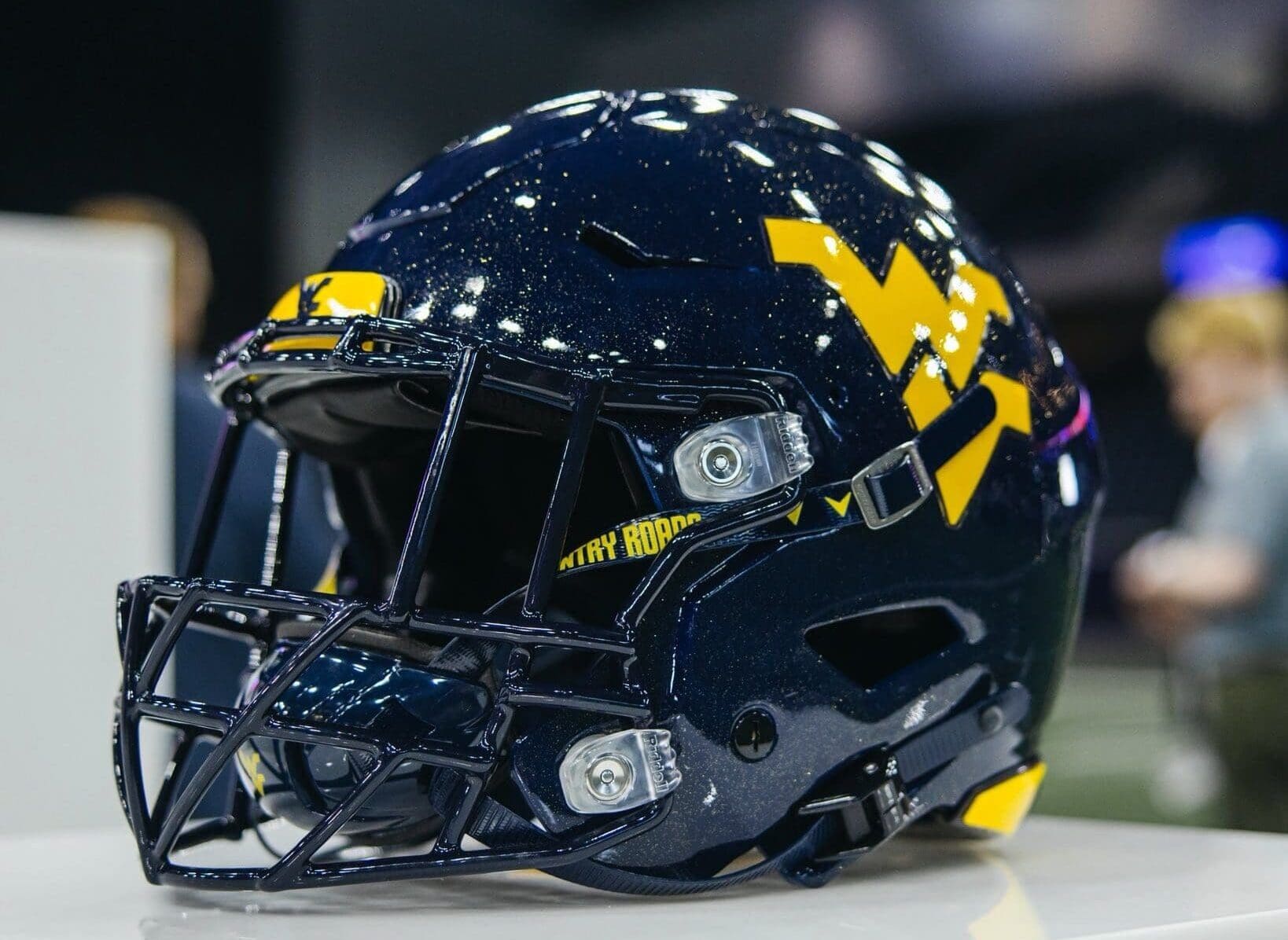 WVU Football Blue Glossy Helmet at Big 12 Media Days